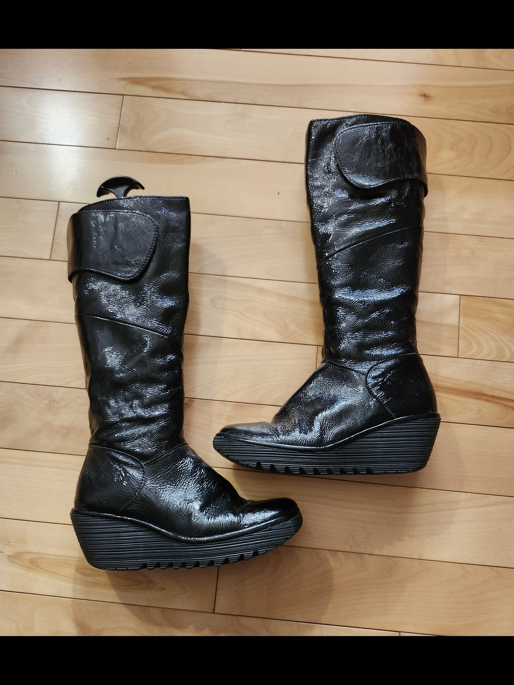 Fly London Black Patent Wedge Boots